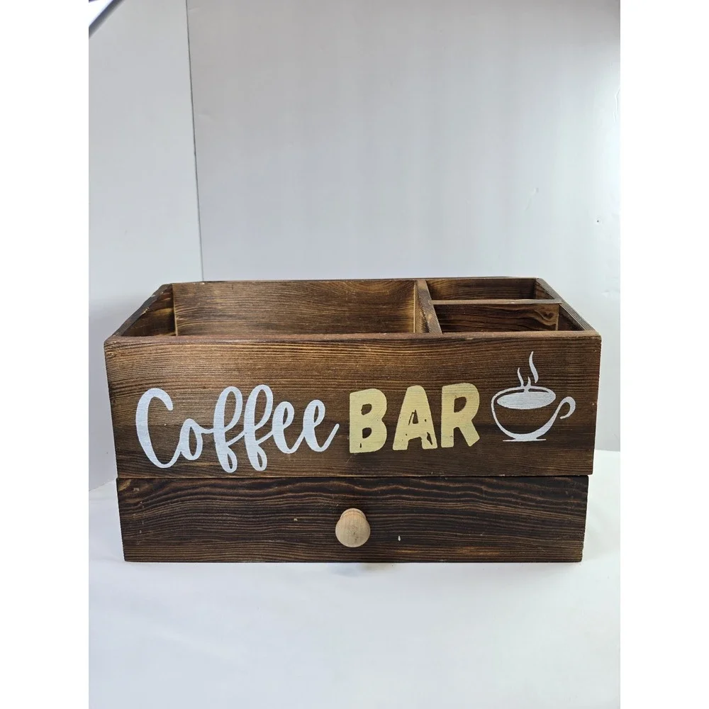 Rustic Wood Coffee Bar Organizer Countertop Station Drawer Farmhouse Decor